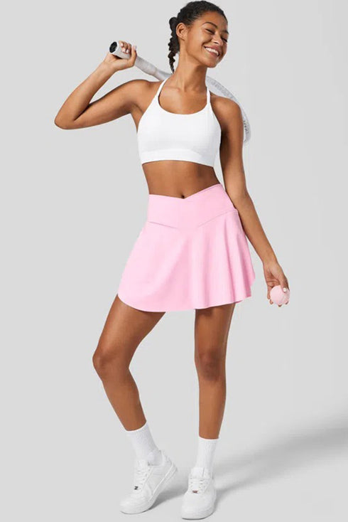 Solid Pocketed Crossover High Waist Swim Skort